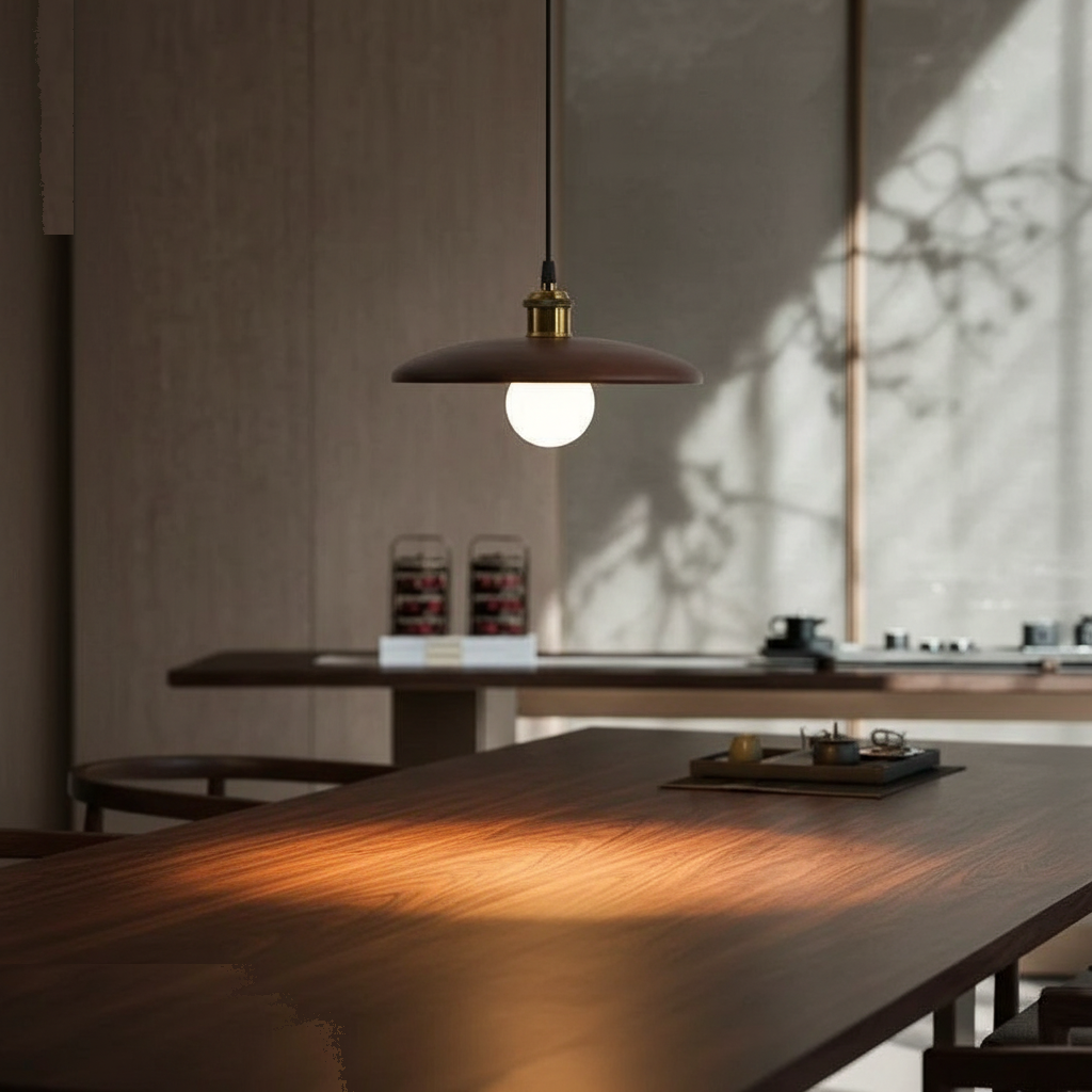 Suspension Disque Bois Acajou Massif Japandi Design allumée diffusant sa lumière