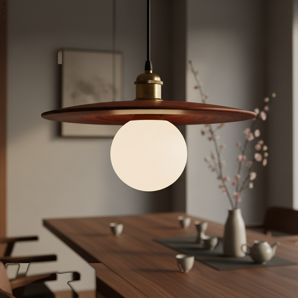 Suspension Disque Bois Acajou Massif Japandi Design mise en ambiance dans un intérieur Image