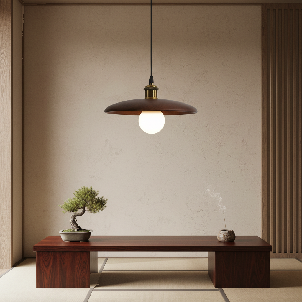 Suspension Disque Bois Acajou Massif Japandi Design en situation décorative