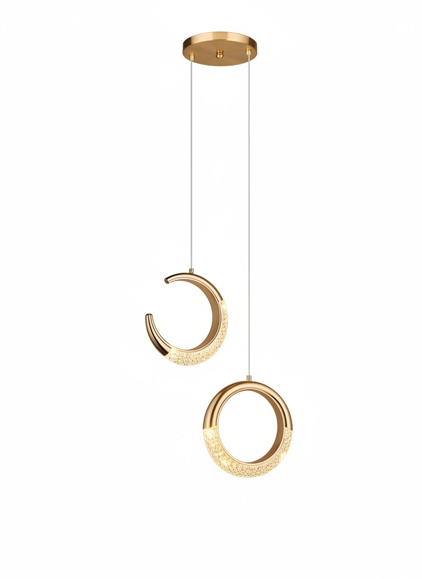Suspension Double Lune et Anneau LED Cristal Doré - vue produit sur fond blanc