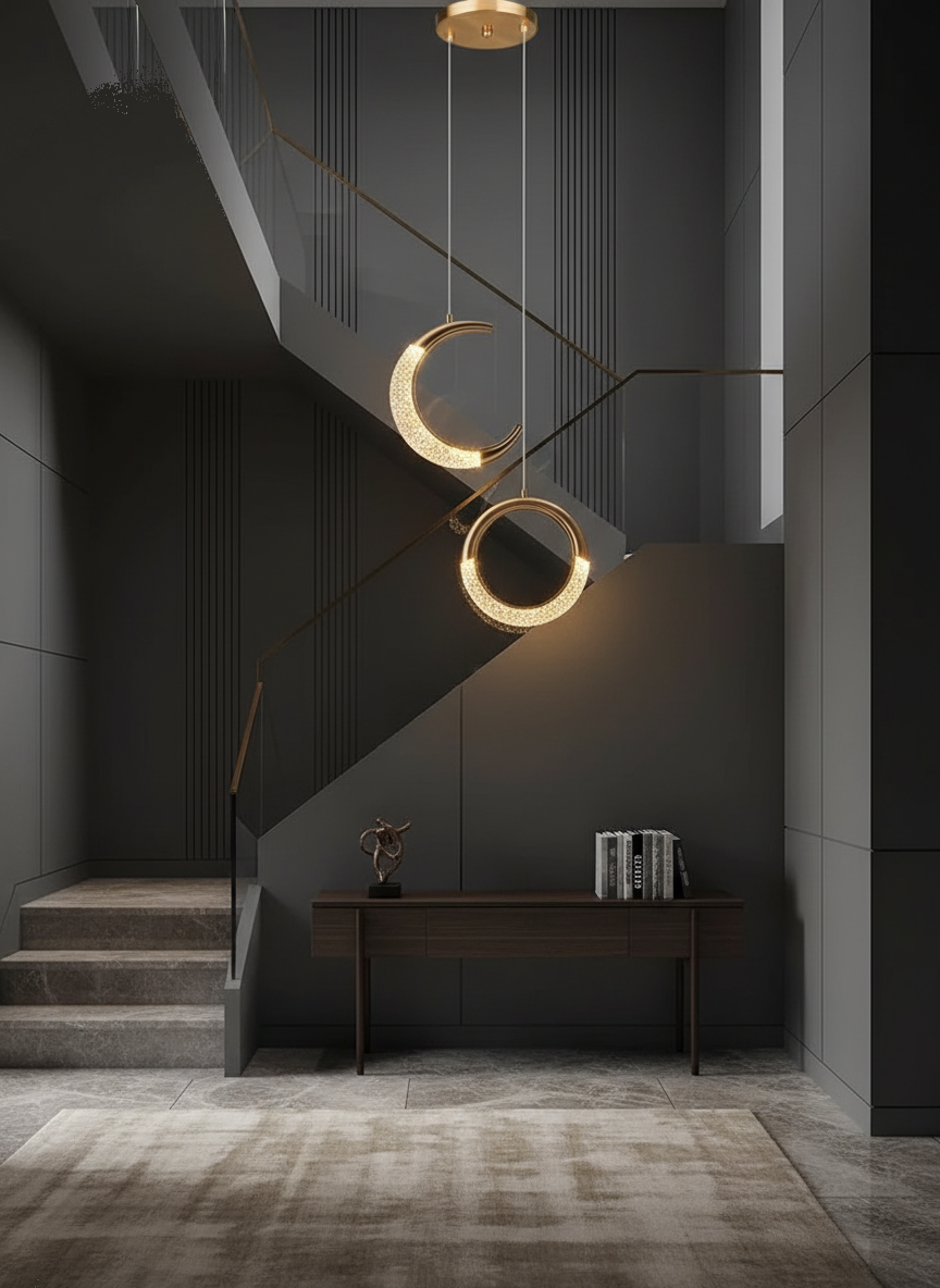 Suspension Double Lune et Anneau LED Cristal Doré en situation décorative