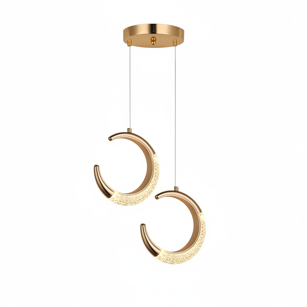 Suspension Double Lune Dorée LED Acrylique - vue produit sur fond blanc
