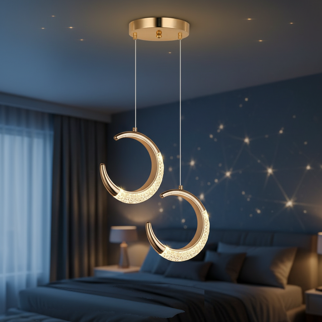 Suspension Double Lune Dorée LED Acrylique allumée diffusant sa lumière