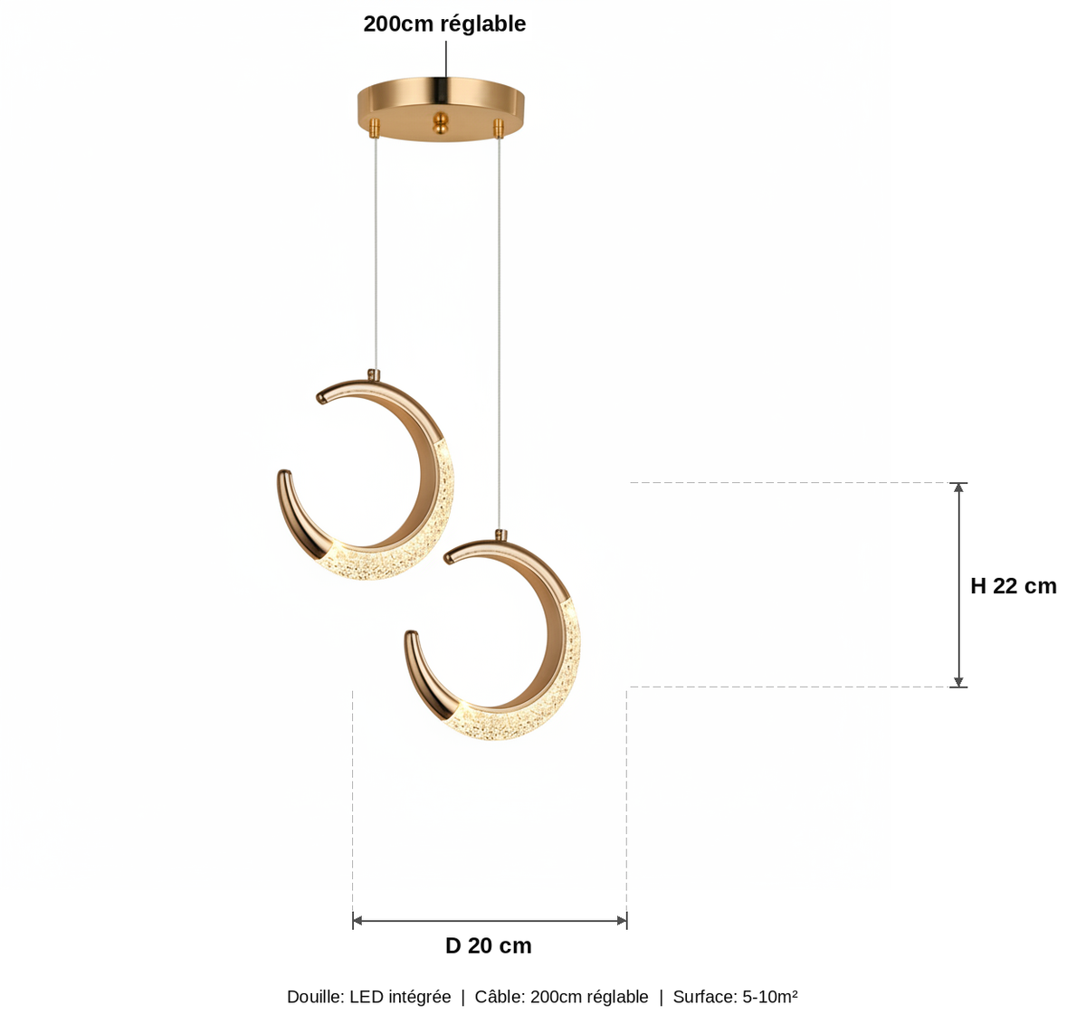 Suspension Double Lune Dorée LED Acrylique - schéma des dimensions