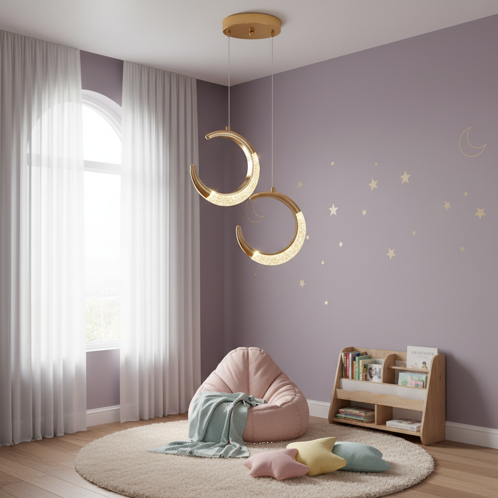 Suspension Double Lune Dorée LED Acrylique en situation décorative