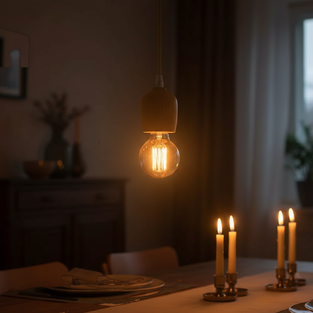 Suspension Douille Bois Naturel Minimaliste Scandinave allumée diffusant sa lumière