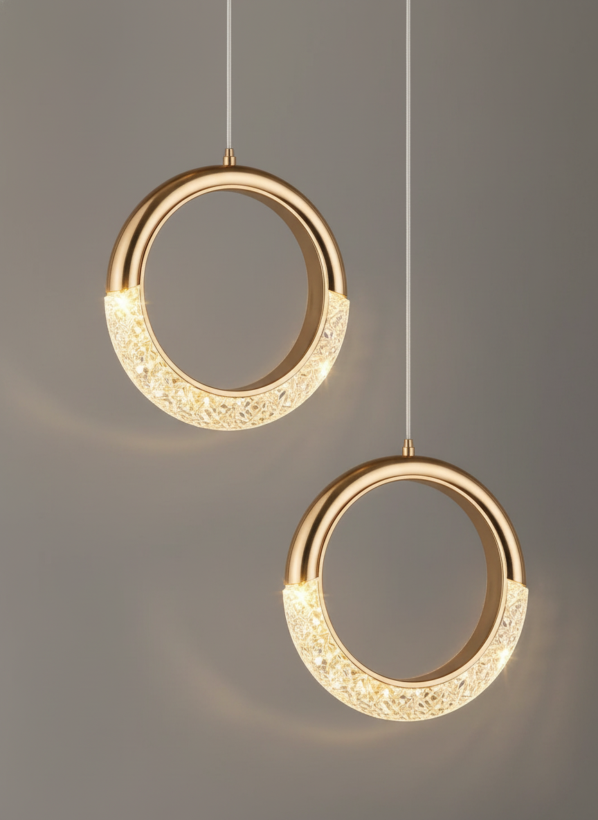 Suspension Duo Anneaux LED Cristal Acrylique Doré - gros plan sur les détails de fabrication