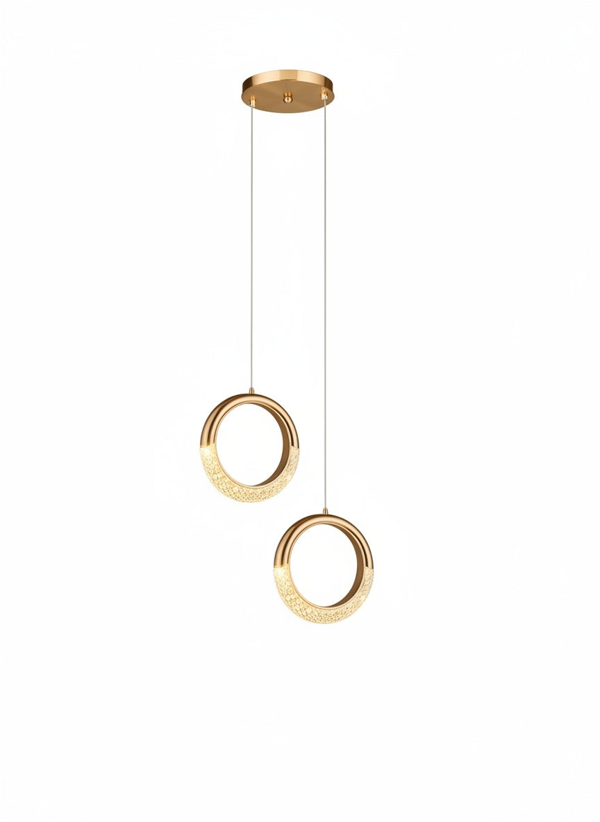 Suspension Duo Anneaux LED Cristal Acrylique Doré - vue produit sur fond blanc