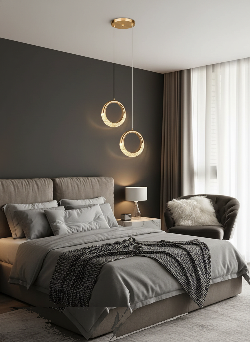 Suspension Duo Anneaux LED Cristal Acrylique Doré en situation décorative