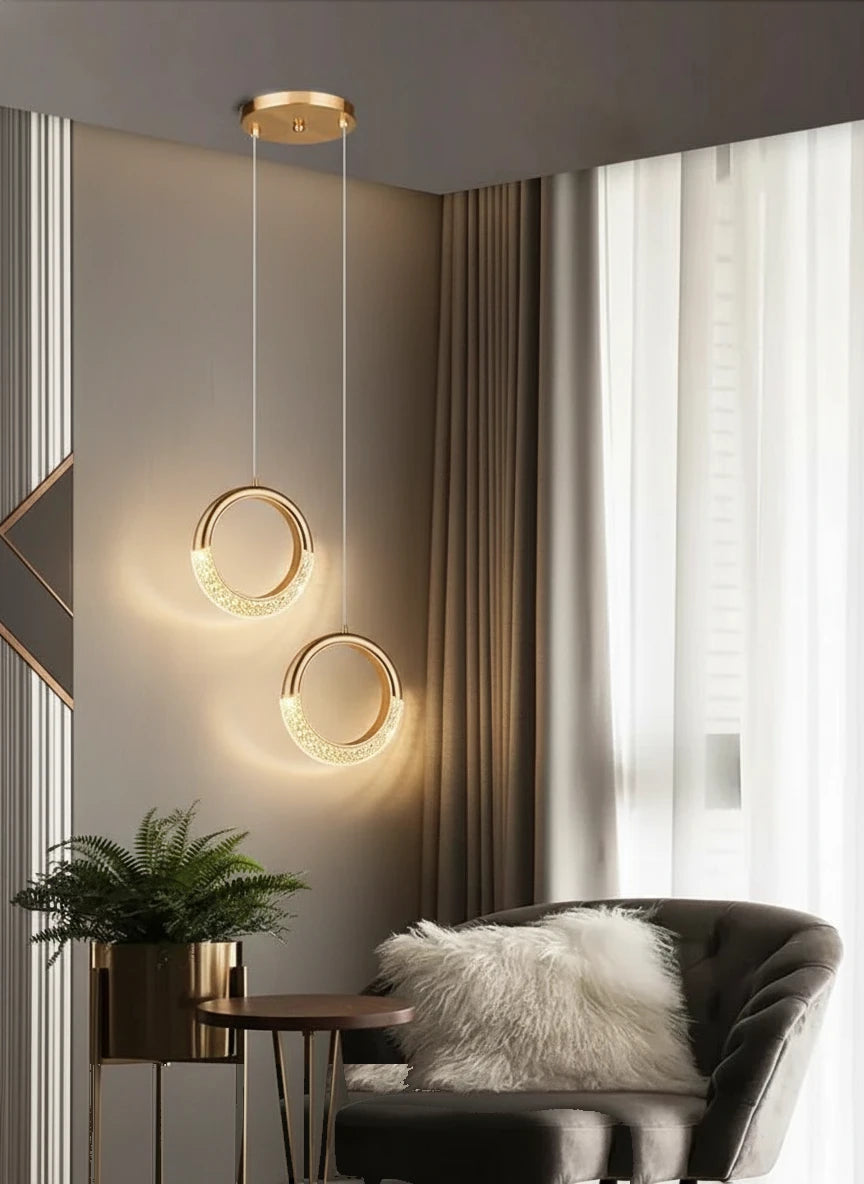 suspension-duo-anneaux-led-cristal-acrylique-dore section3 Image