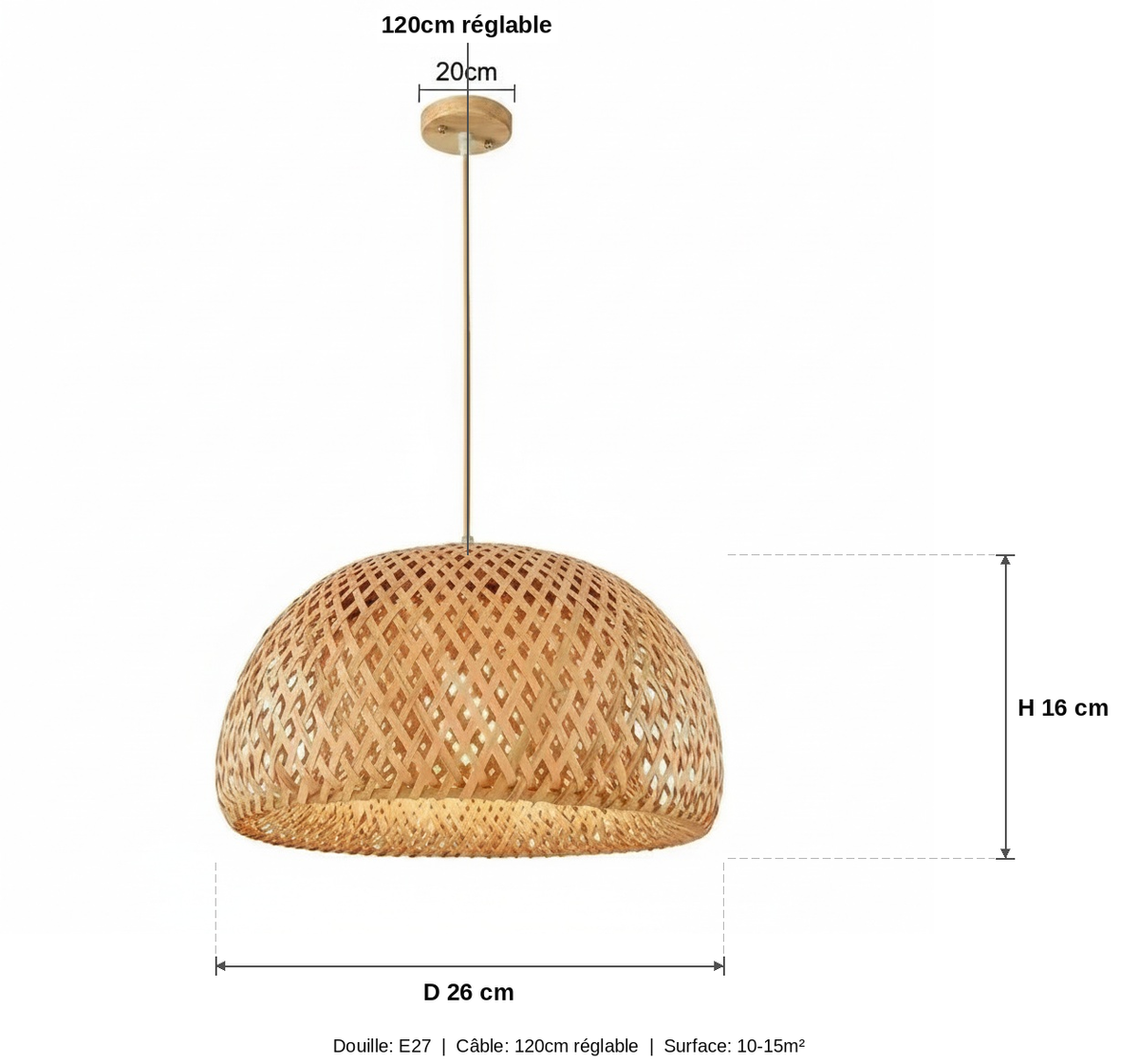 Suspension Fibre Naturelle Tressée Ronde 26cm Design - schéma des dimensions - vue 1/2