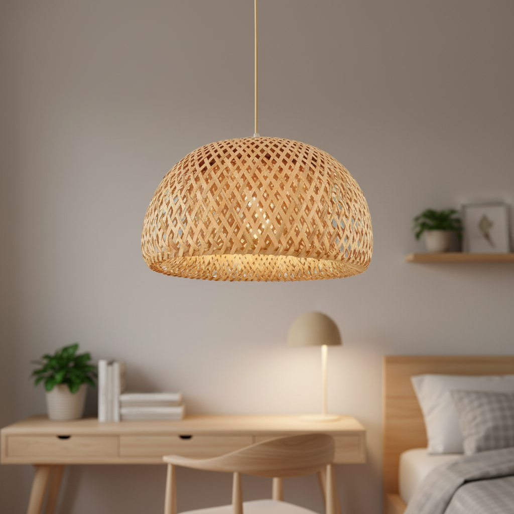 Suspension Fibre Naturelle Tressée Ronde 26cm Design mise en ambiance dans un intérieur - vue 1/2