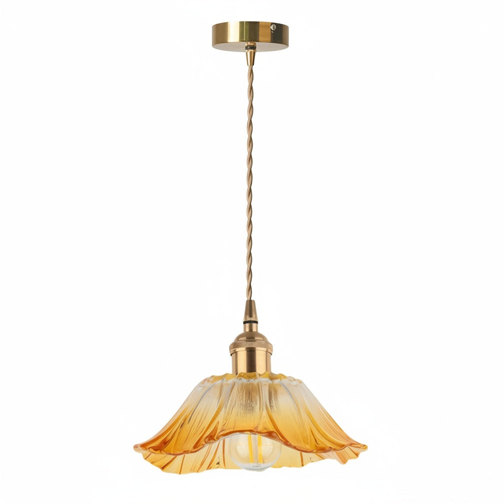 Suspension Fleur Verre Ambre Vintage Dorée - vue produit sur fond blanc