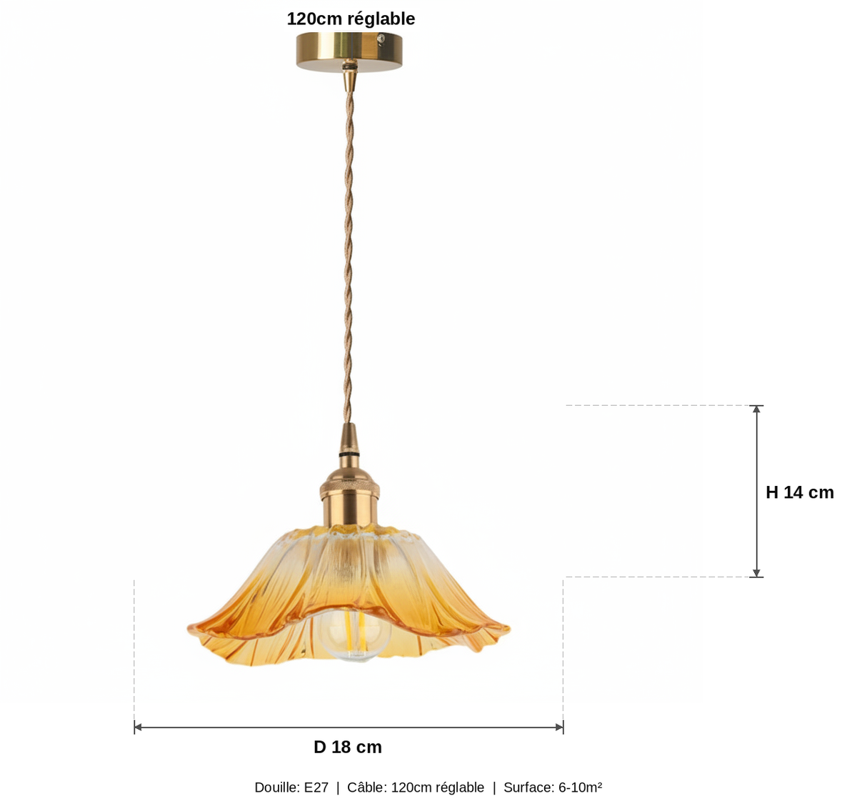 Suspension Fleur Verre Ambre Vintage Dorée - schéma des dimensions