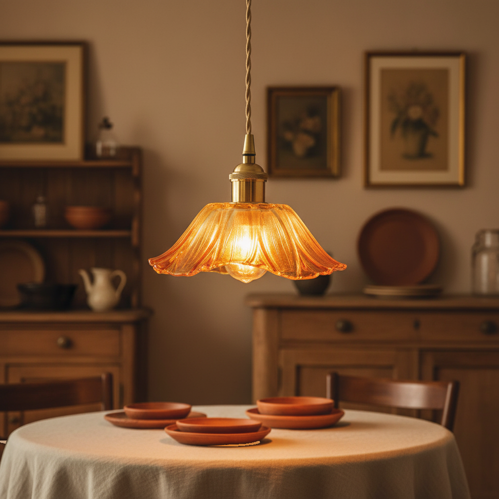 Suspension Fleur Verre Ambre Vintage Dorée mise en ambiance dans un intérieur