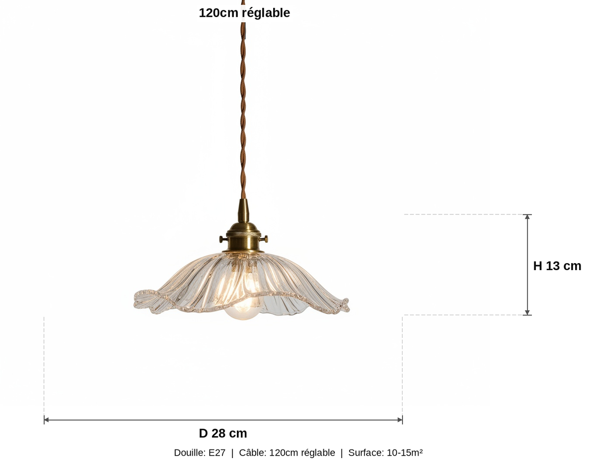 Suspension Fleur Verre Festonné Transparent Vintage - schéma des dimensions