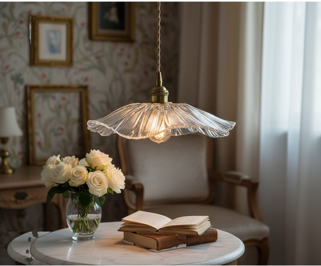 Suspension Fleur Verre Festonné Transparent Vintage mise en ambiance dans un intérieur
