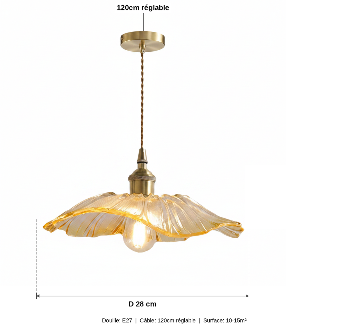 Suspension Fleur Verre Nervuré Transparent Vintage - schéma des dimensions