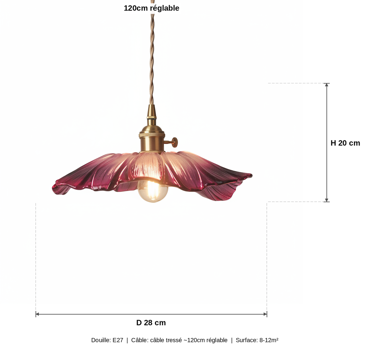 Suspension Fleur en Verre Teinté Rose - Vintage Laiton - schéma des dimensions - vue 1/2