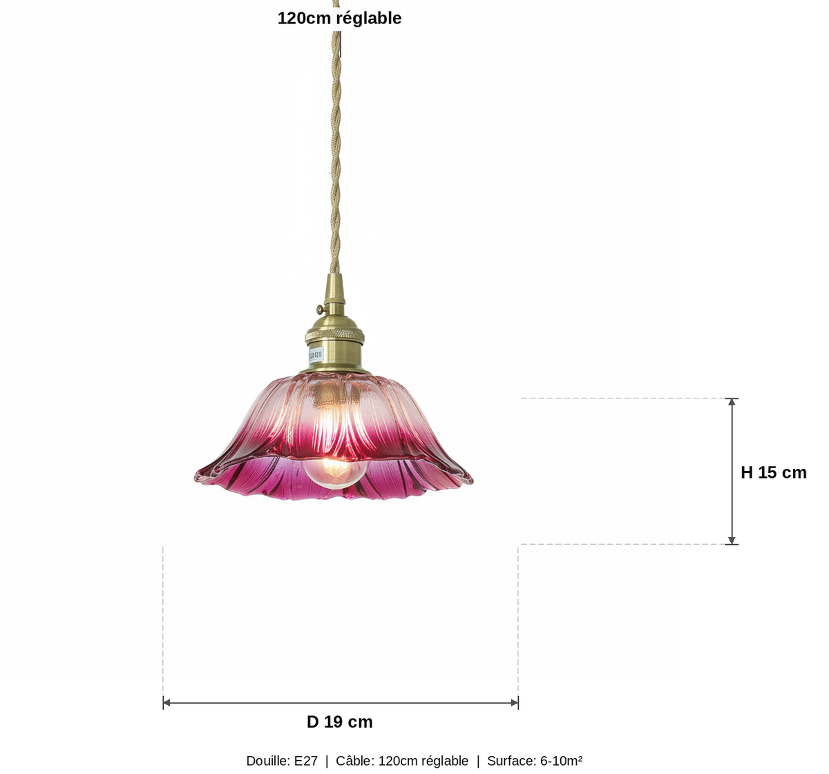 Suspension Fleur Verre Vintage Rose et Violet - schéma des dimensions