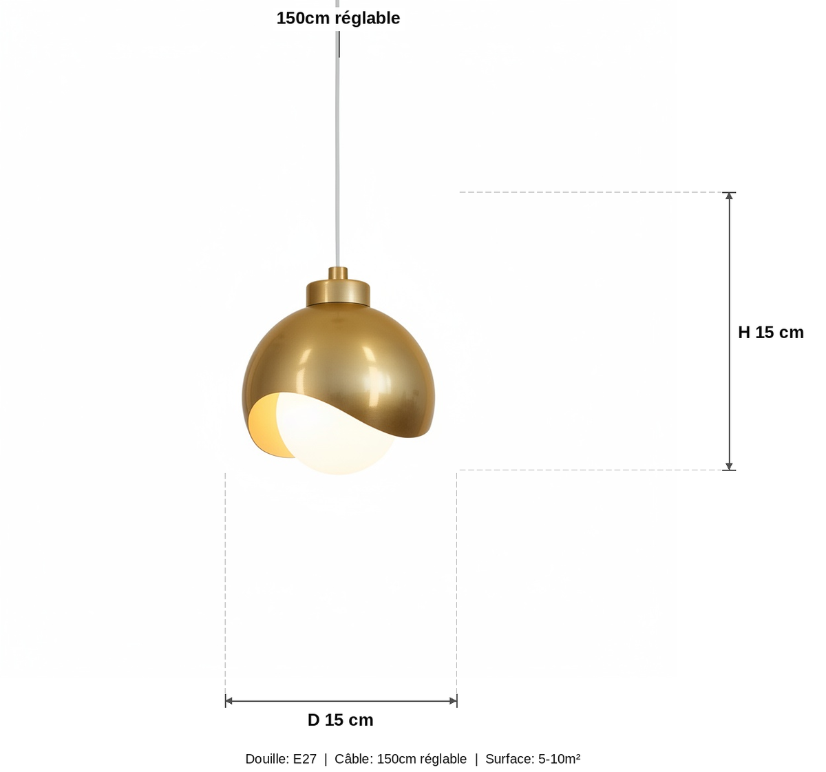 Suspension Globe Métal Doré Boule de Verre Design - schéma des dimensions