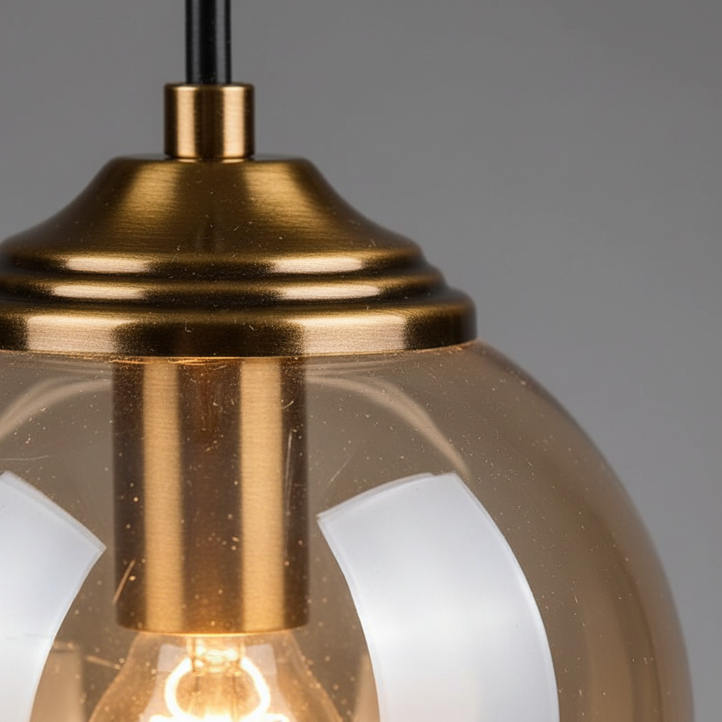Suspension Globe Verre Ambré Métal Doré - gros plan sur les détails de fabrication