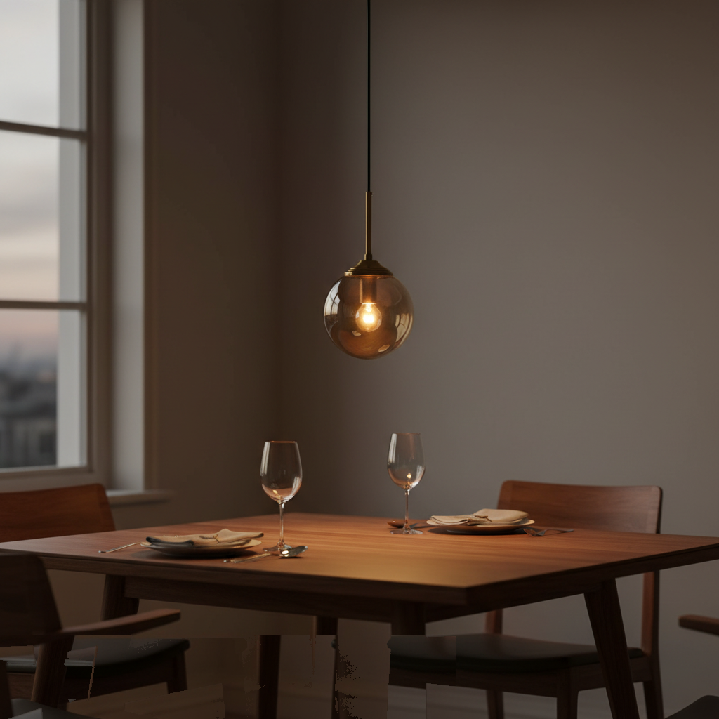 Suspension Globe Verre Ambré Métal Doré allumée diffusant sa lumière