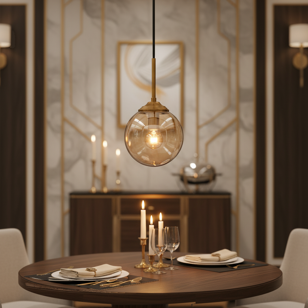 Suspension Globe Verre Ambré Métal Doré mise en ambiance dans un intérieur