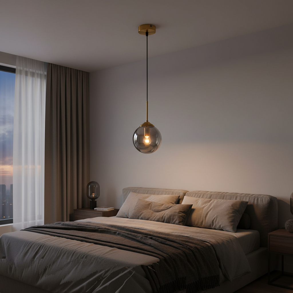 Suspension Globe Verre Fumé Design Doré allumée diffusant sa lumière