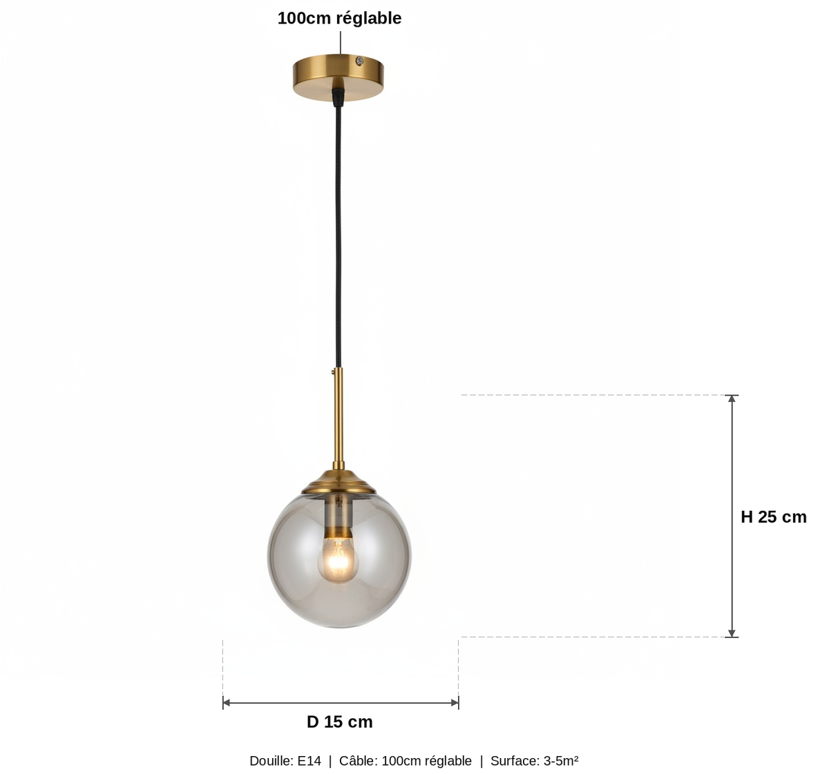 Suspension Globe Verre Fumé Design Doré - schéma des dimensions