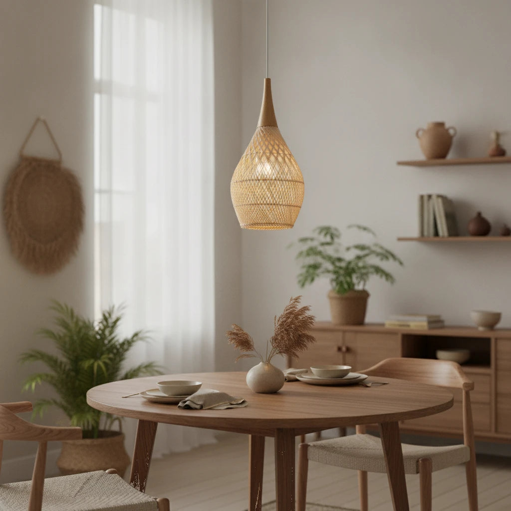 suspension-goutte-rotin-tresse-bois highlight Image