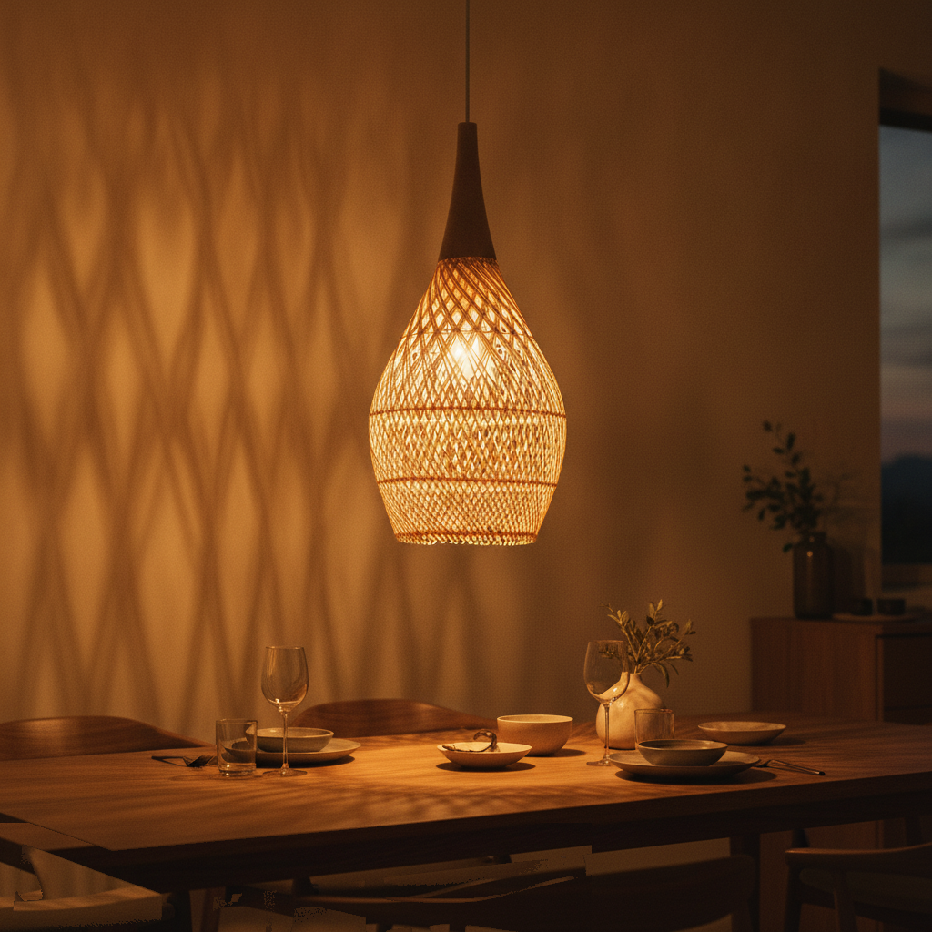 Suspension Goutte Rotin Tressé et Bois — lit