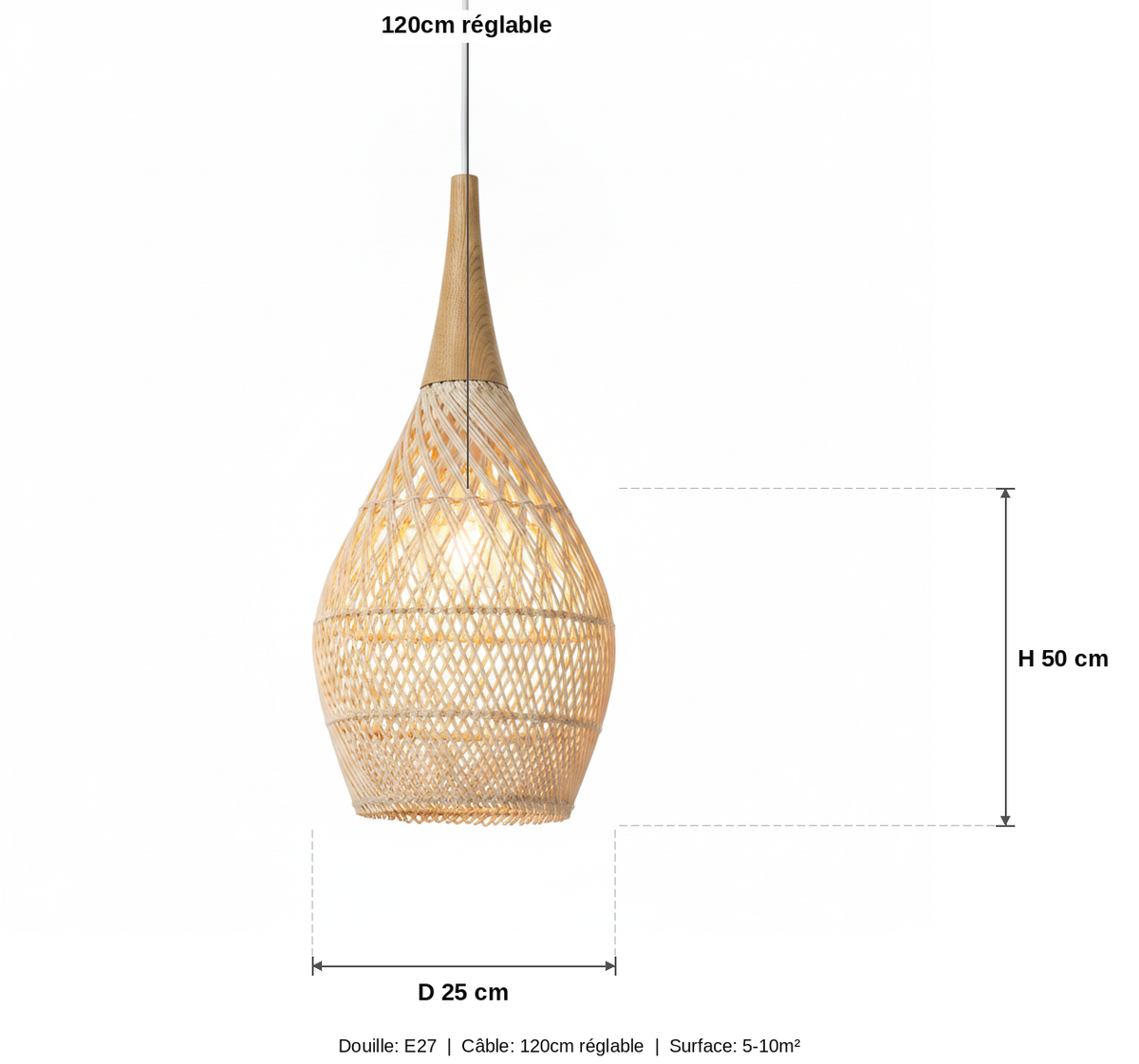 Suspension Goutte Rotin Tressé et Bois — measures default