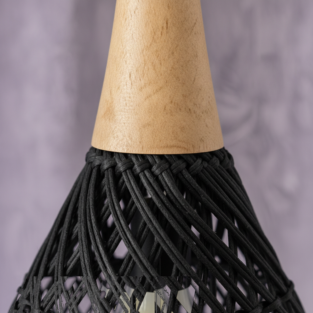 Suspension Goutte Rotin Tressé Noire et Bois — detail