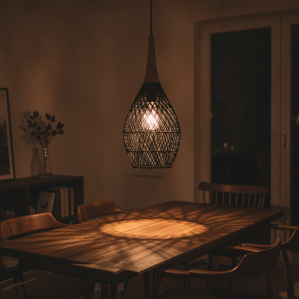 Suspension Goutte Rotin Tressé Noire et Bois — lit