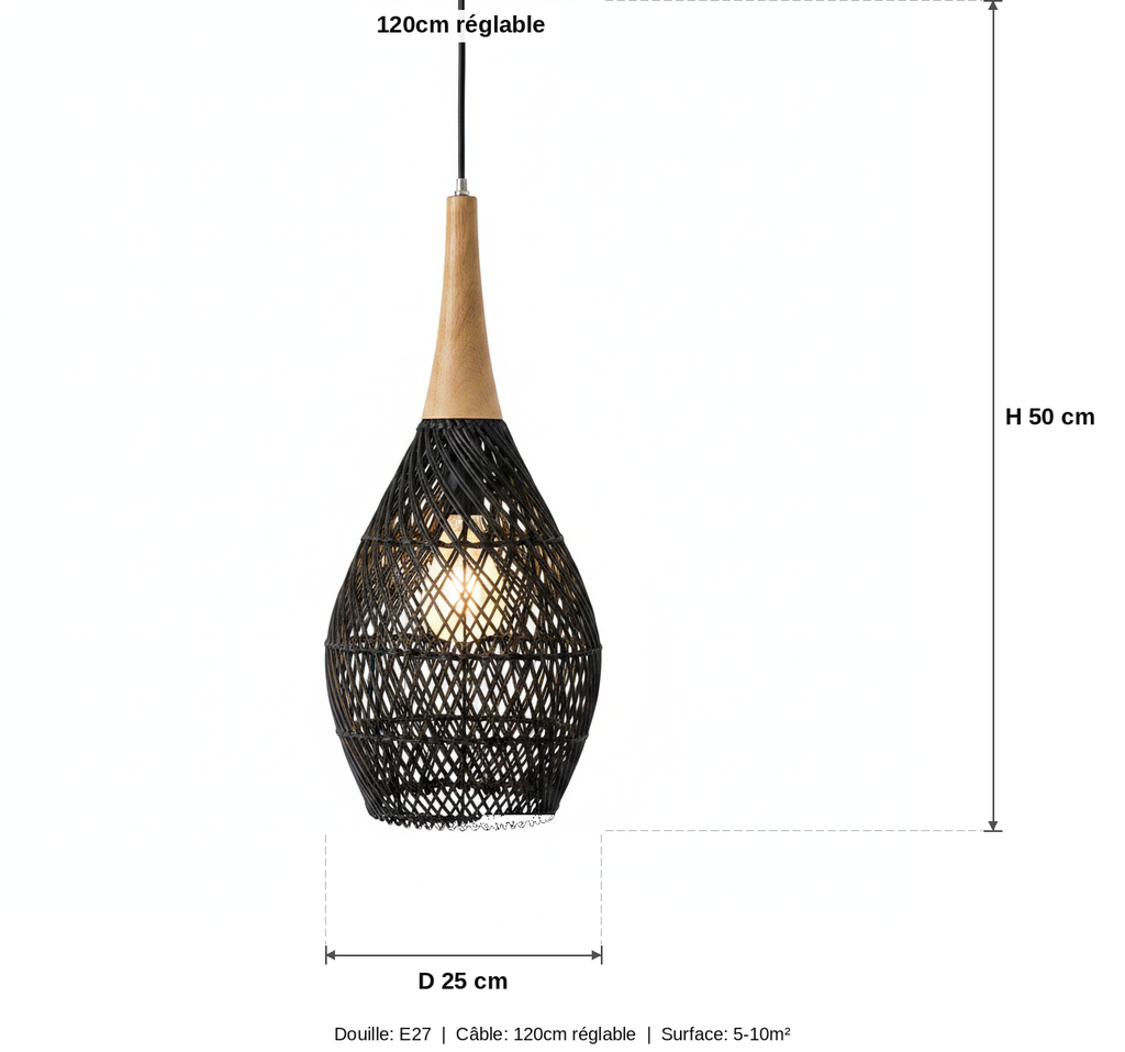 Suspension Goutte Rotin Tressé Noire et Bois — measures default