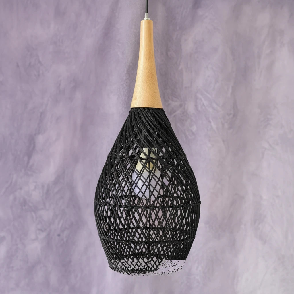suspension-goutte-rotin-tresse-noire-bois section4 Image