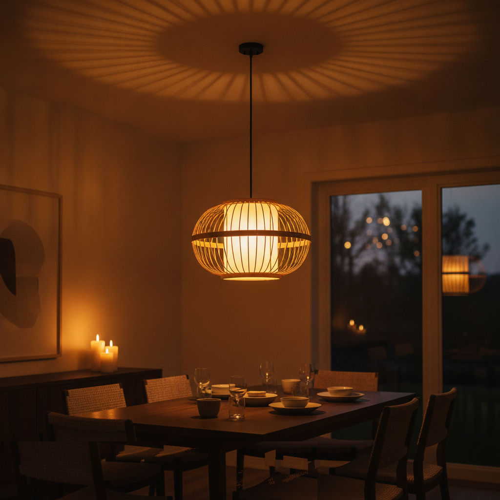 Suspension Lanterne Bambou Tressé Ronde — lit