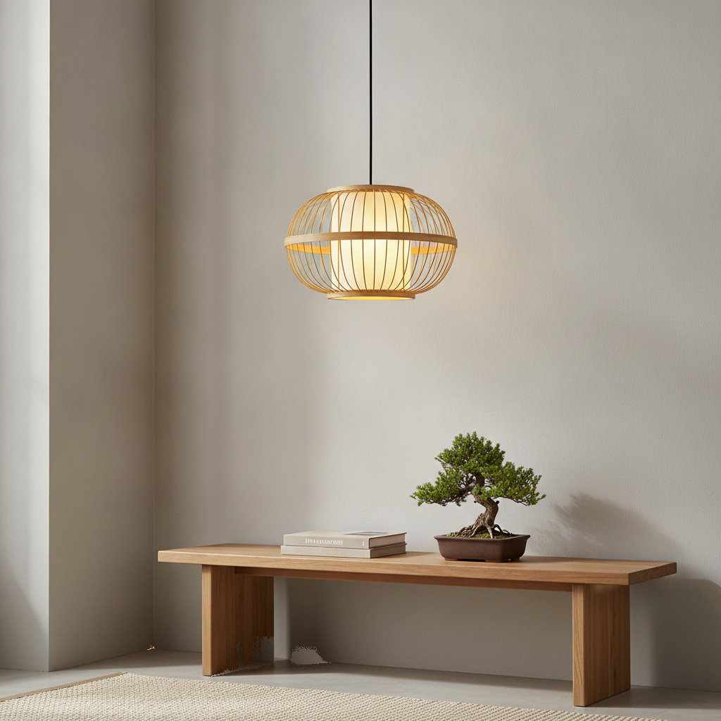Suspension Lanterne Bambou Tressé Ronde — scene 2