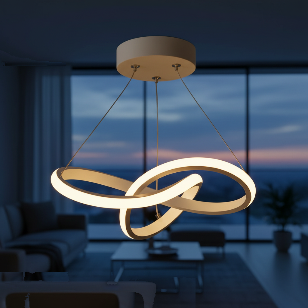Suspension LED Design Torsadée Blanche allumée diffusant sa lumière