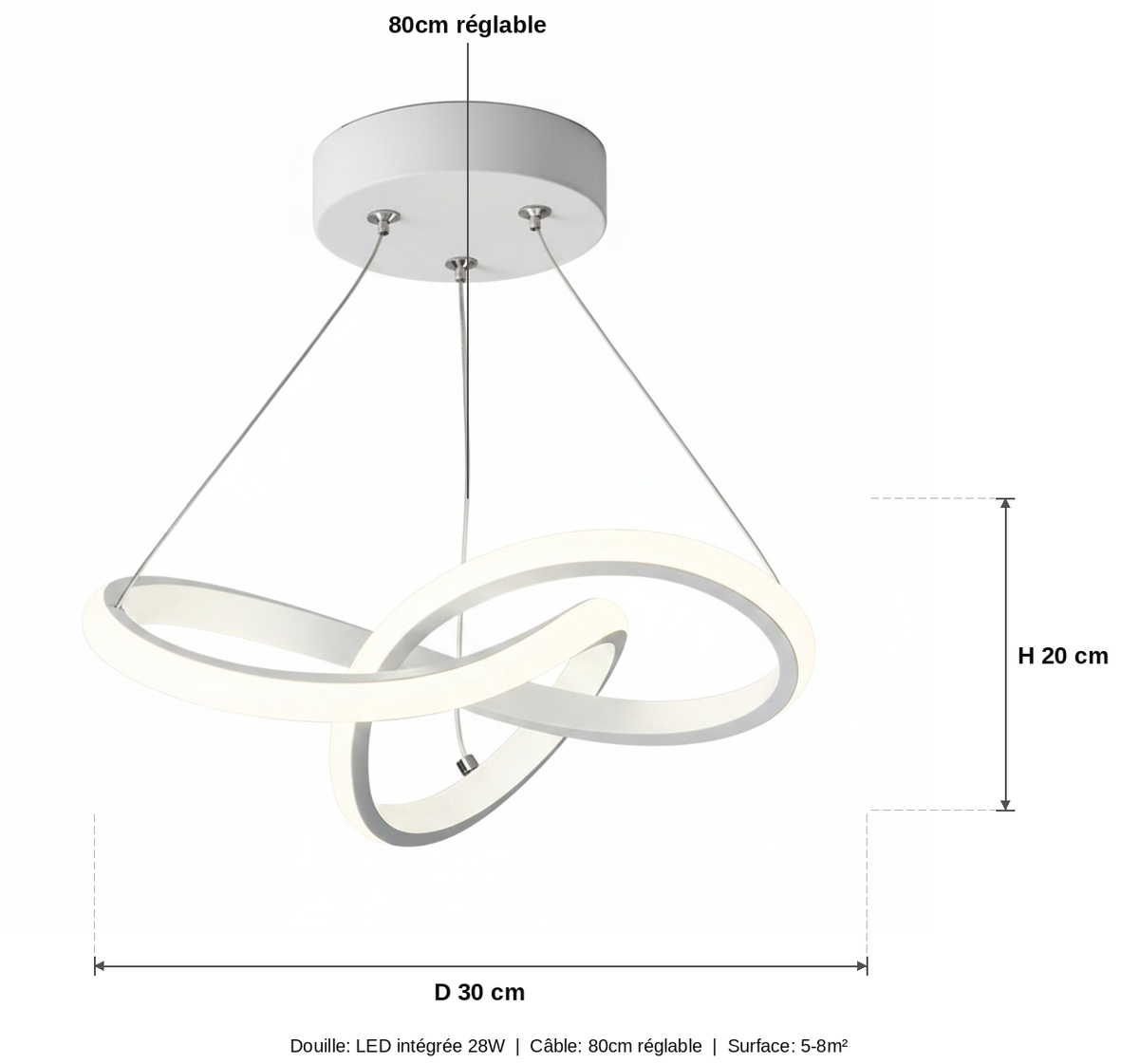 Suspension LED Design Torsadée Blanche - schéma des dimensions