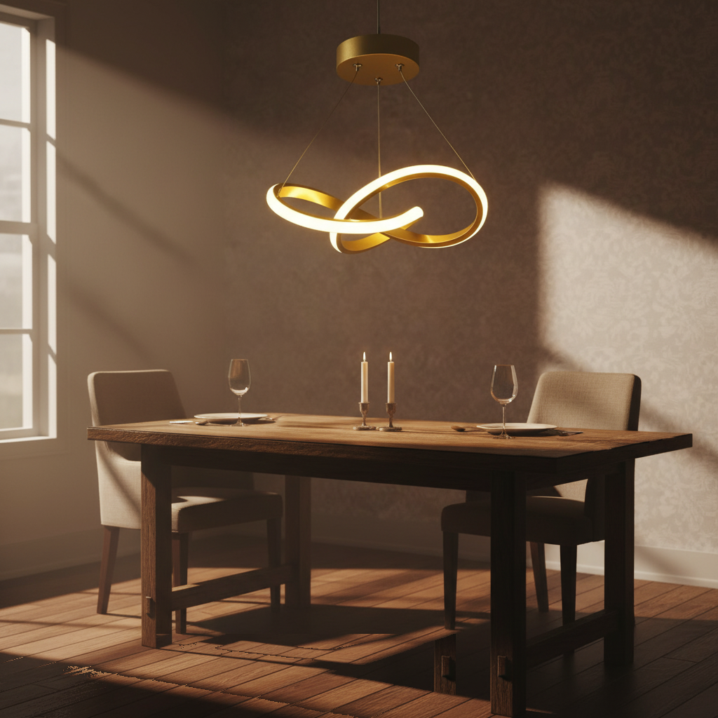 Suspension LED Dorée Torsadée Design allumée diffusant sa lumière