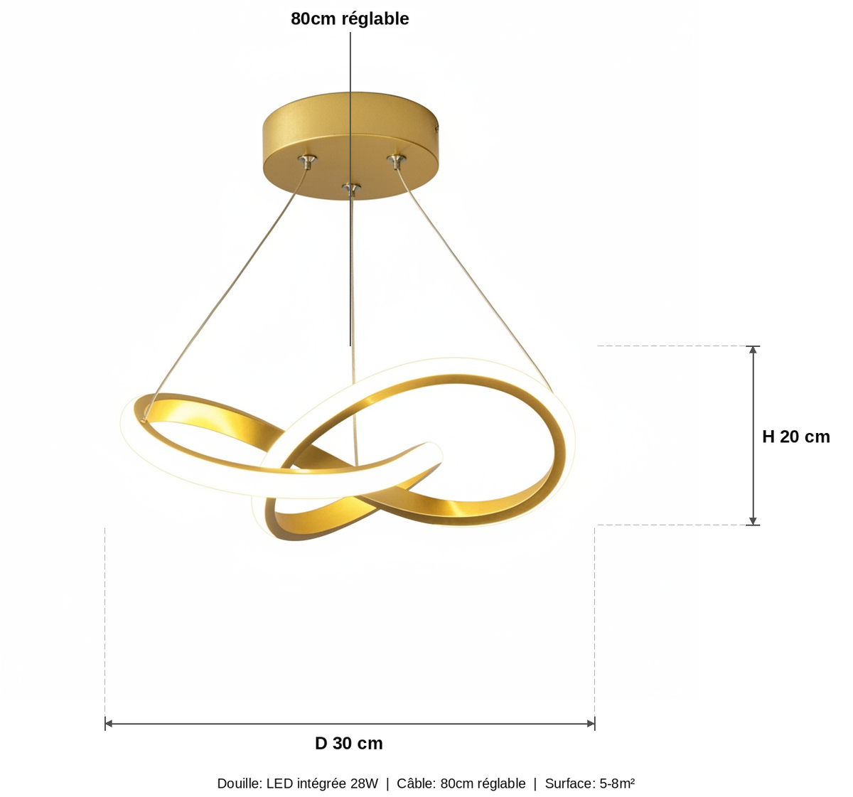 Suspension LED Dorée Torsadée Design - schéma des dimensions
