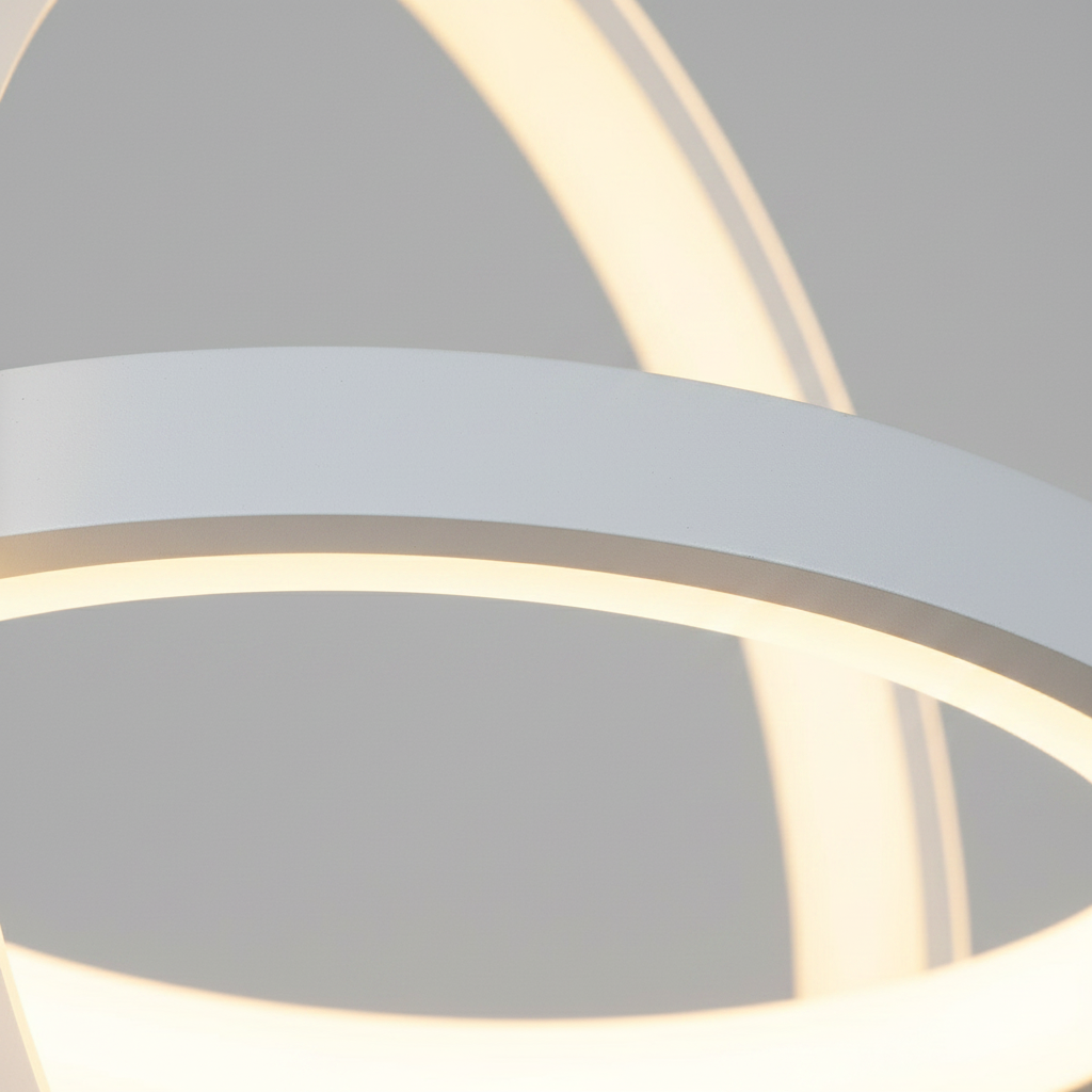 Suspension LED Double Anneau Design Minimaliste Blanc - gros plan sur les détails de fabrication