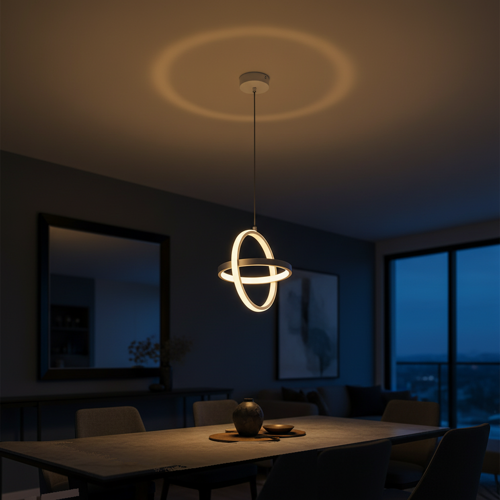 Suspension LED Double Anneau Design Minimaliste Blanc allumée diffusant sa lumière