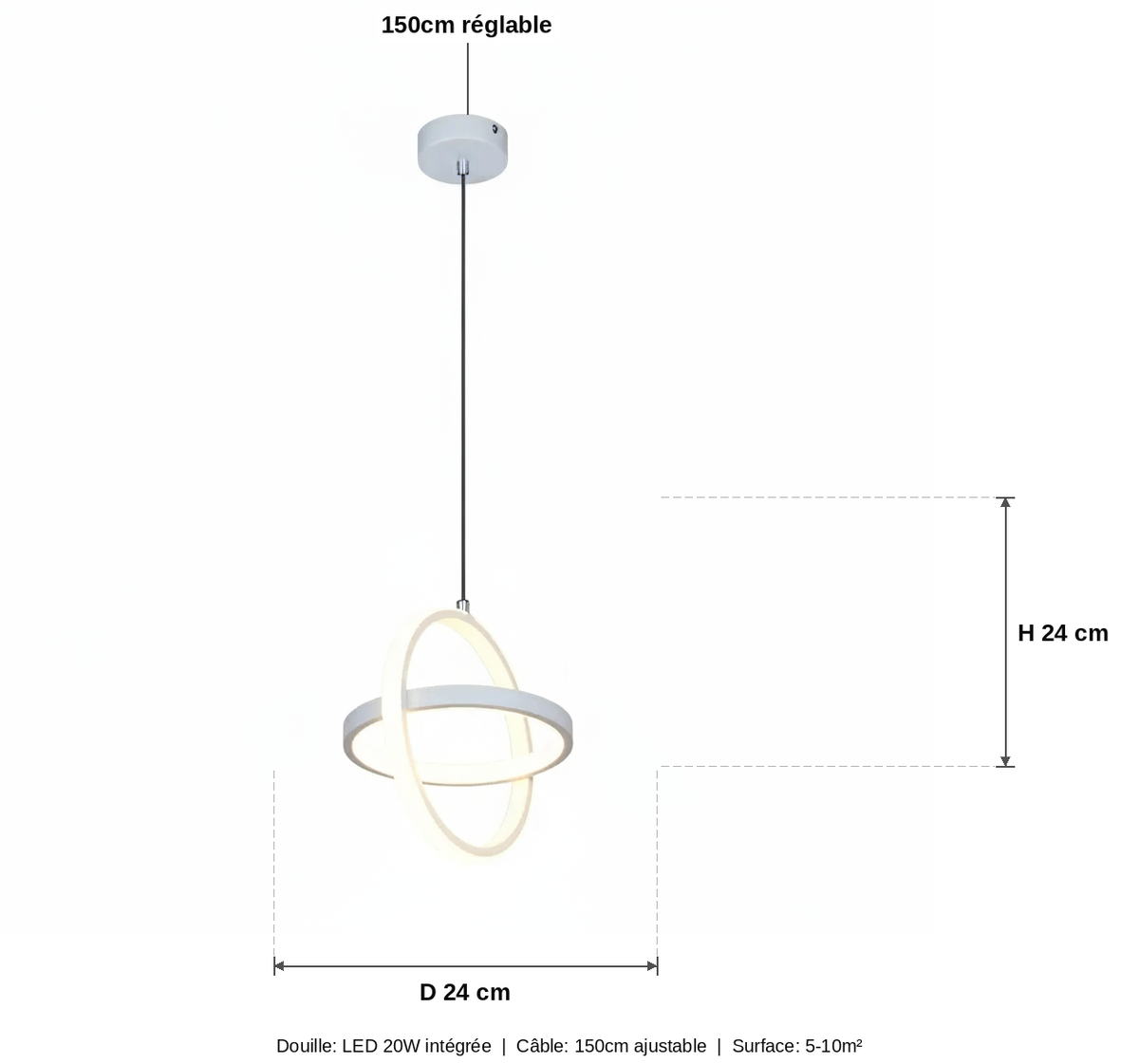 Suspension LED Double Anneau Design Minimaliste Blanc - schéma des dimensions