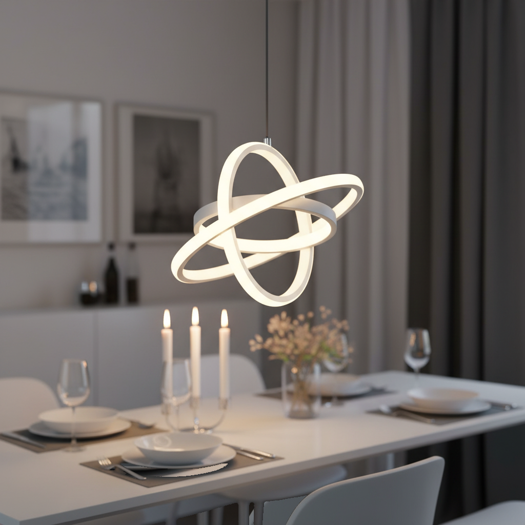 Suspension LED Double Anneau Design Minimaliste Blanc mise en ambiance dans un intérieur