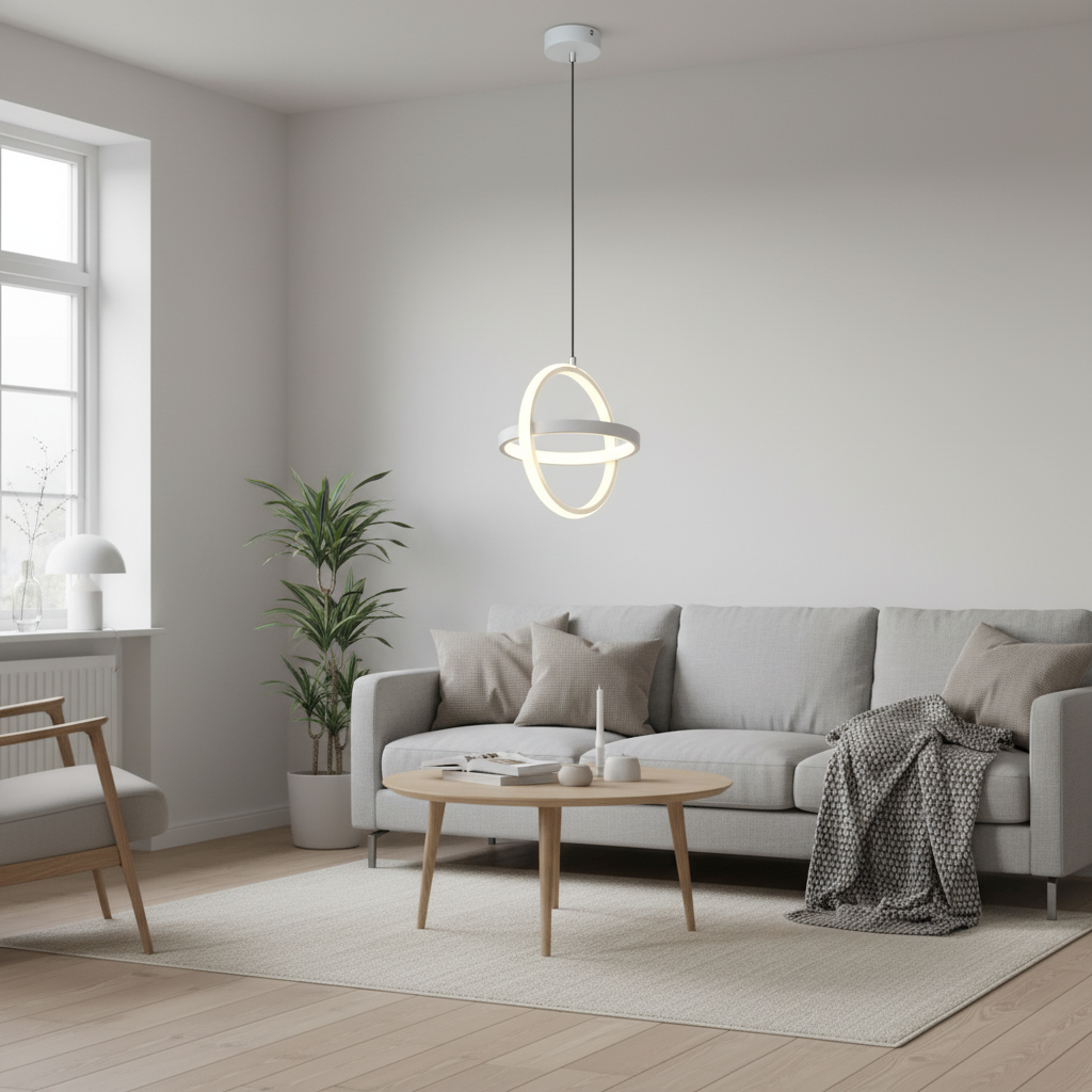 Suspension LED Double Anneau Design Minimaliste Blanc en situation décorative