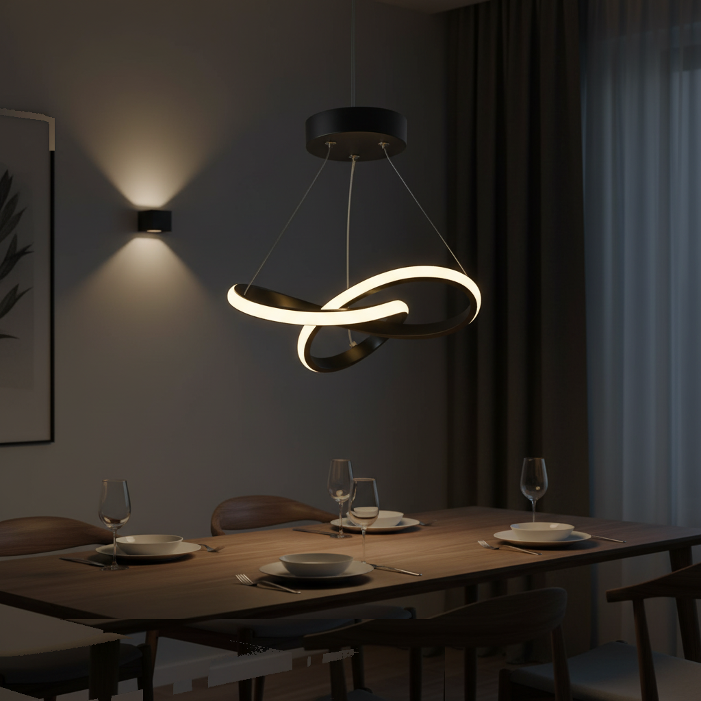 Suspension LED Spirale Design Noir allumée diffusant sa lumière