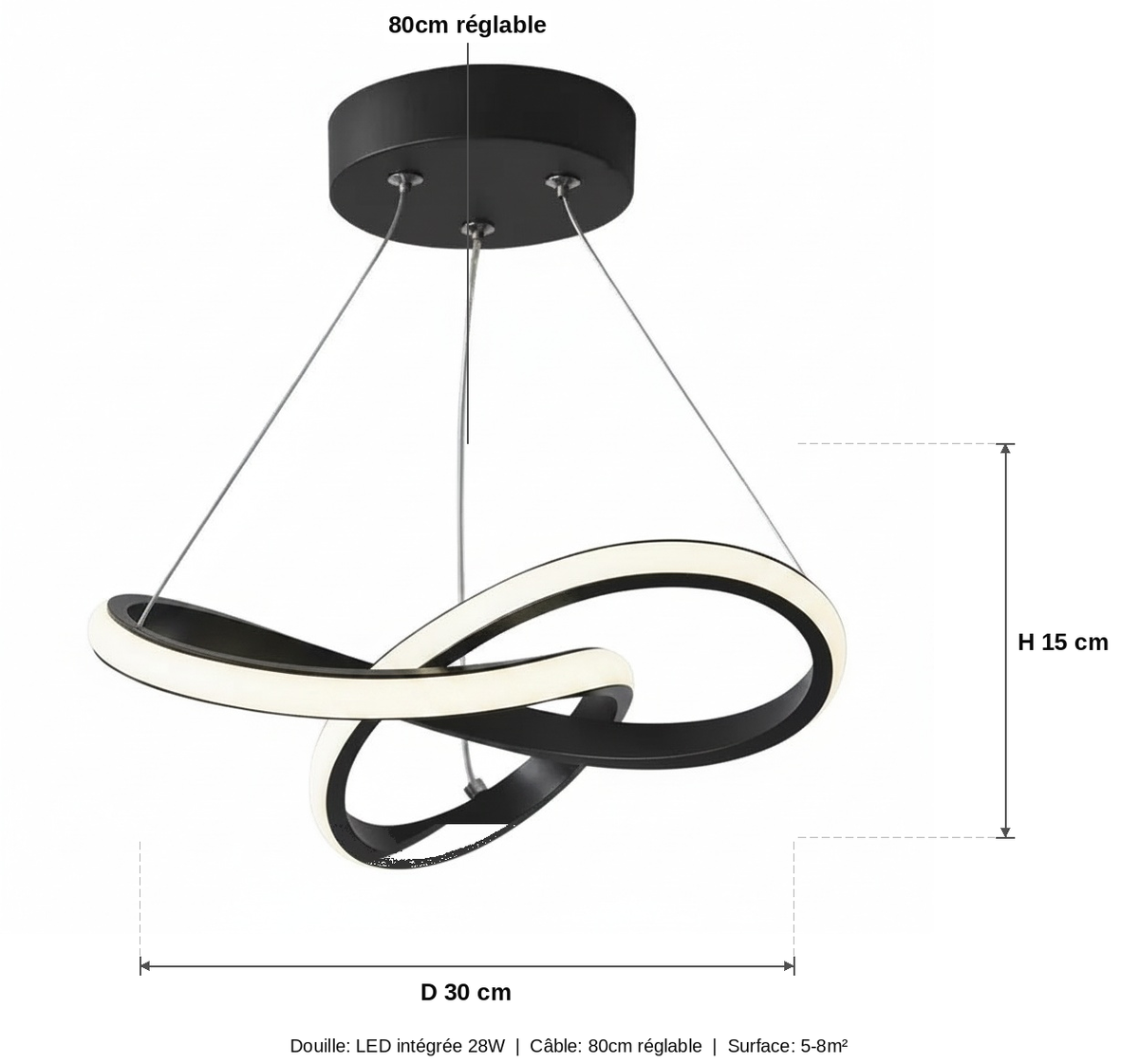 Suspension LED Spirale Design Noir - schéma des dimensions